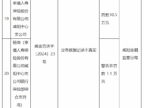 幸福人寿咸阳中心支公司被罚10.5万元：因业务数据记录不真实